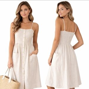 One Clothing LA Smocked Linen Midi Dress Cream Button Front Cottagecore MomTok S